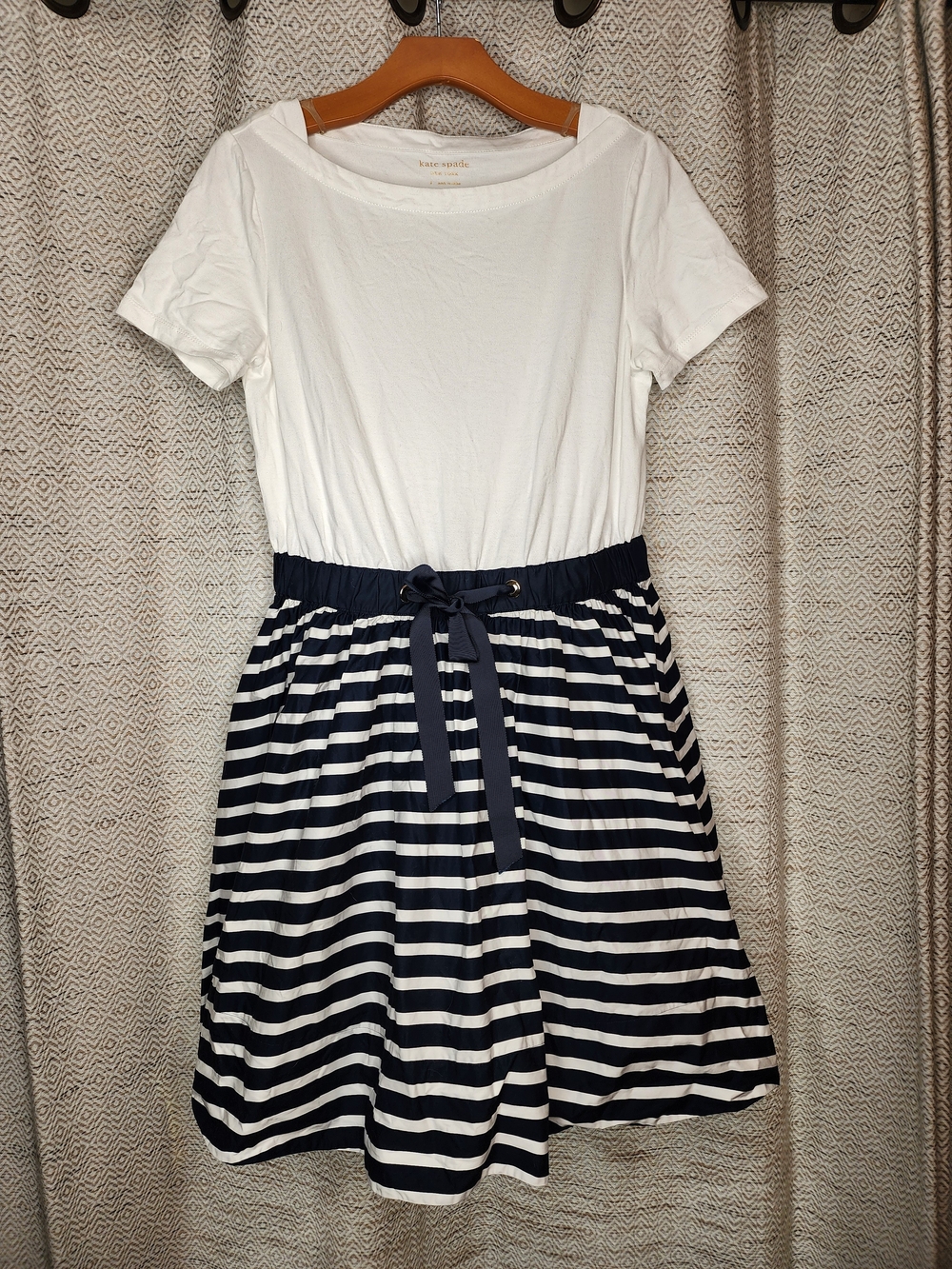 kate spade White and Navy Striped Dress with Drawstring Waist